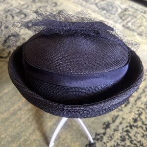 Vintage 60s Rose Millinery Woven Blue Brim Hat Fascinator Church Tea Party 1950s